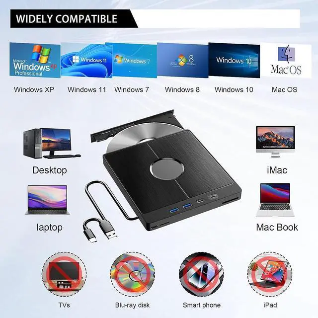 Alt view image 6 of 7 - 7-in-1 External CD DVD Drive, USB 3.0 Type-C External CD/DVD Drive with SD/TF Card Reader, 2 USB A & 2 USB C Ports, Portable RW Burner for All PC Laptop/Desktop, Windows 11/10/8/7/XP/Vista/Linux/MacOS