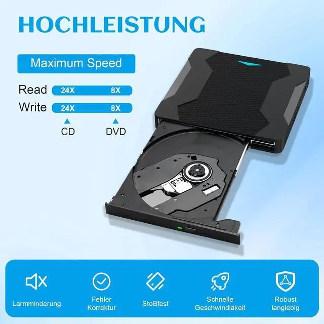 Alt view image 2 of 7 - 5-in-1 External DVD Drive, USB 3.0 Type-C External DVD CD Drive DVD/CD+/-RW Burner Optical Drive with Breathing Light with Color Change, 2 USB Port & SD TF Slot for Windows, Linux, MacOS (Black)