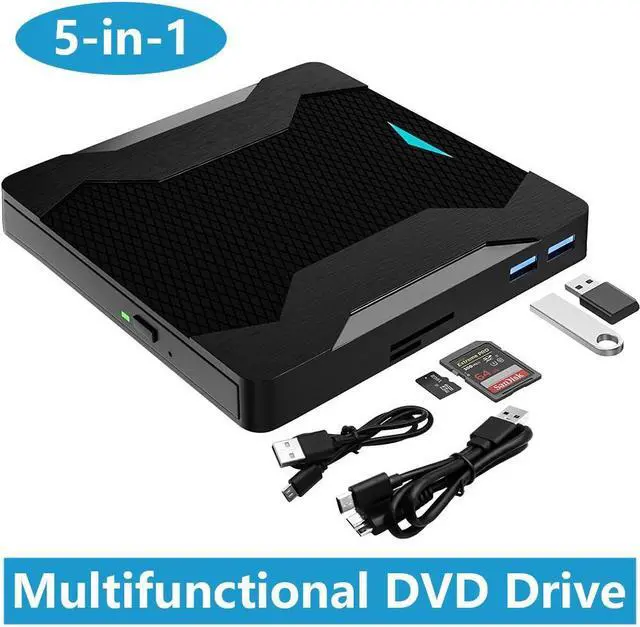 Main image of 5-in-1 External DVD Drive, USB 3.0 Type-C External DVD CD Drive DVD/CD+/-RW Burner Optical Drive with Breathing Light with Color Change, 2 USB Port & SD TF Slot for Windows, Linux, MacOS (Black)