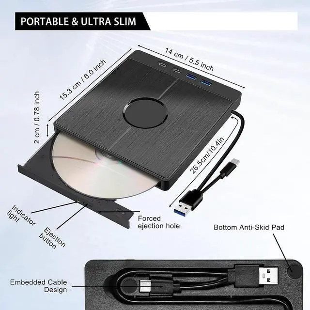 Alt view image 5 of 7 - 7-in-1 External CD DVD Drive, USB 3.0 Type-C External CD/DVD Drive with SD/TF Card Reader, 2 USB A & 2 USB C Ports, Portable RW Burner for All PC Laptop/Desktop, Windows 11/10/8/7/XP/Vista/Linux/MacOS