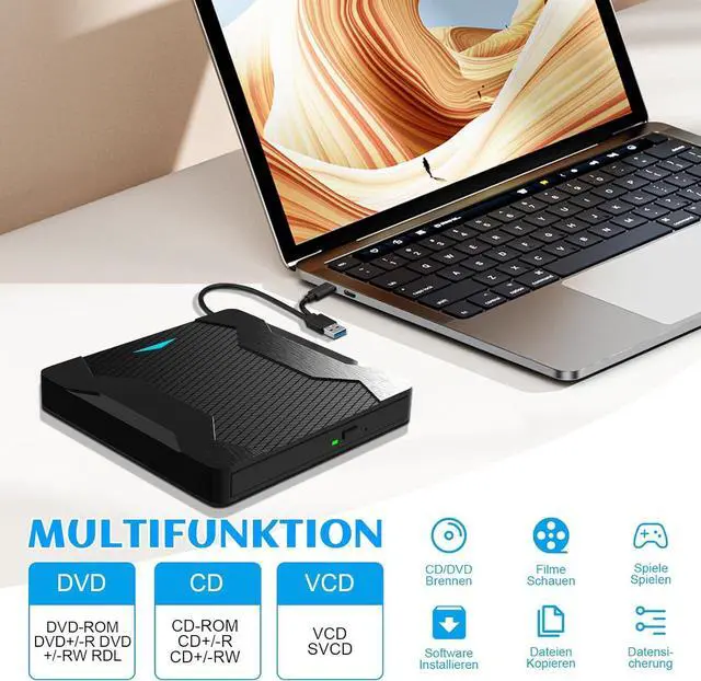 Alt view image 3 of 7 - 5-in-1 External DVD Drive, USB 3.0 Type-C External DVD CD Drive DVD/CD+/-RW Burner Optical Drive with Breathing Light with Color Change, 2 USB Port & SD TF Slot for Windows, Linux, MacOS (Black)