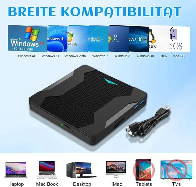 Alt view image 6 of 7 - 5-in-1 External DVD Drive, USB 3.0 Type-C External DVD CD Drive DVD/CD+/-RW Burner Optical Drive with Breathing Light with Color Change, 2 USB Port & SD TF Slot for Windows, Linux, MacOS (Black)