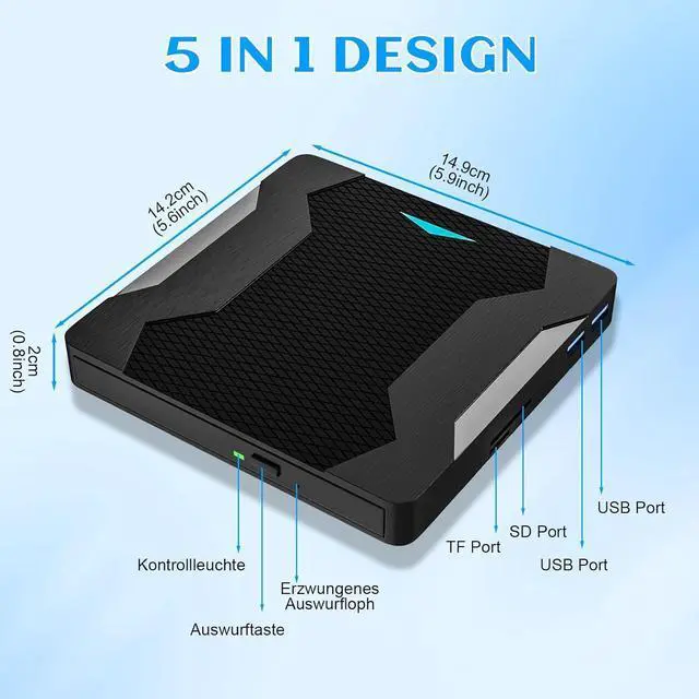 Alt view image 4 of 7 - 5-in-1 External DVD Drive, USB 3.0 Type-C External DVD CD Drive DVD/CD+/-RW Burner Optical Drive with Breathing Light with Color Change, 2 USB Port & SD TF Slot for Windows, Linux, MacOS (Black)