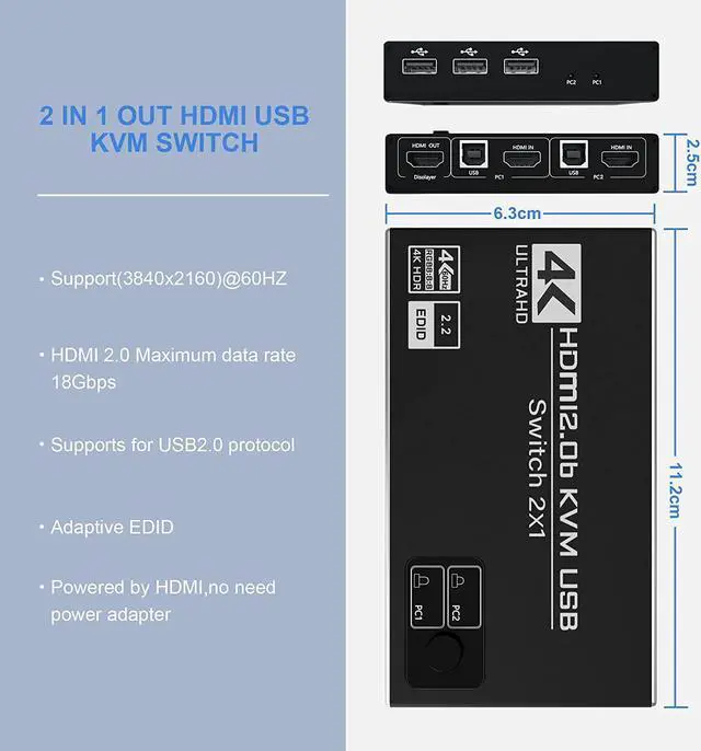 Alt view image 2 of 7 - 2 Port HDMI KVM Switch, USB HDMI Switch 4K, with 3x USB 2.0 Hub, 4K @60Hz 2 in 1 Out HDMI KVM Switch 2 PC 1 Monitor, KVM USB switch, Ultra HD, with 2 USB cables