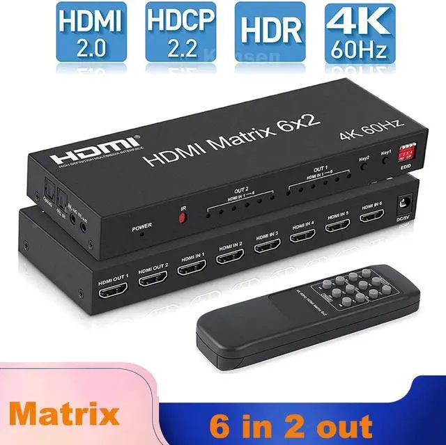 Main image of HDMI 2.0 Matrix 6x2 Switch Splitter, 6 in 2 Out HDMI Video Switcher Splitter with Audio Extractor/IR Remote Controller, HDR 4K @60Hz RGB/YUV 4:4:4 SPDIF Optical + 3.5 mm Jack Audio Output