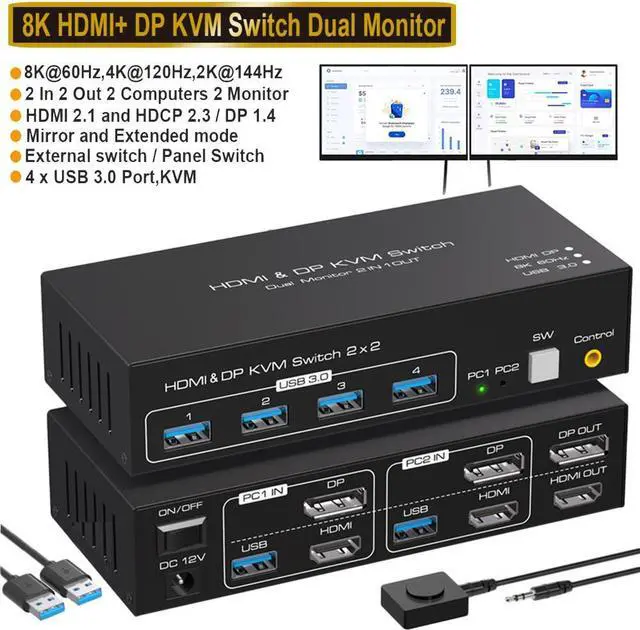 Main image of Dual Monitor HDMI + Displayport KVM Switch Support Copy and Extended Display 4k @120hz 8K @60hz USB KVM Switcher 2 in 2 Out for 2 Computers Share 2 Monitor and 4 USB 3.0 Ports with External Controller