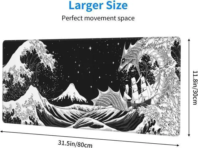 Alt view image 3 of 6 - Black and White Japanese Waves Sea Dragon Gaming Mouse Pad XL, Extended Large Mouse Mat Desk Pad, Stitched Edges Mousepad, Long Non-Slip Rubber Base Mice Pad, 31.5 X 11.8 Inch