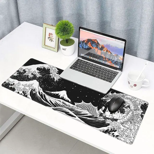 Alt view image 2 of 6 - Black and White Japanese Waves Sea Dragon Gaming Mouse Pad XL, Extended Large Mouse Mat Desk Pad, Stitched Edges Mousepad, Long Non-Slip Rubber Base Mice Pad, 31.5 X 11.8 Inch