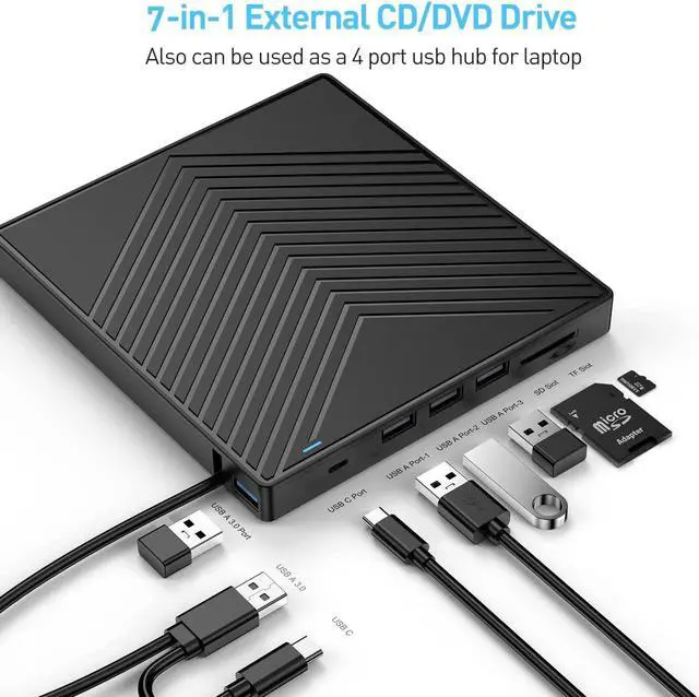 Main image of SURF CUZ External CD DVD Drive, Ultra Slim CD Burner USB 3.0 with 4 USB Ports and 2 TF/SD Card Slots, Optical Disk Drive for Laptop Mac, PC Windows 11/10/8/7 Linux OS
