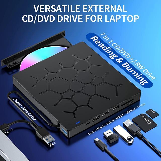 Alt view image 2 of 7 - External CD/DVD Drive for Laptop, 7 IN 1 USB 3.0 Ultra-Slim Portable DVD Player, CD ROM Burner Writer External Disk Drive Optical Compatible with Laptop Desktop PC MacBook Windows Mac Linux OS