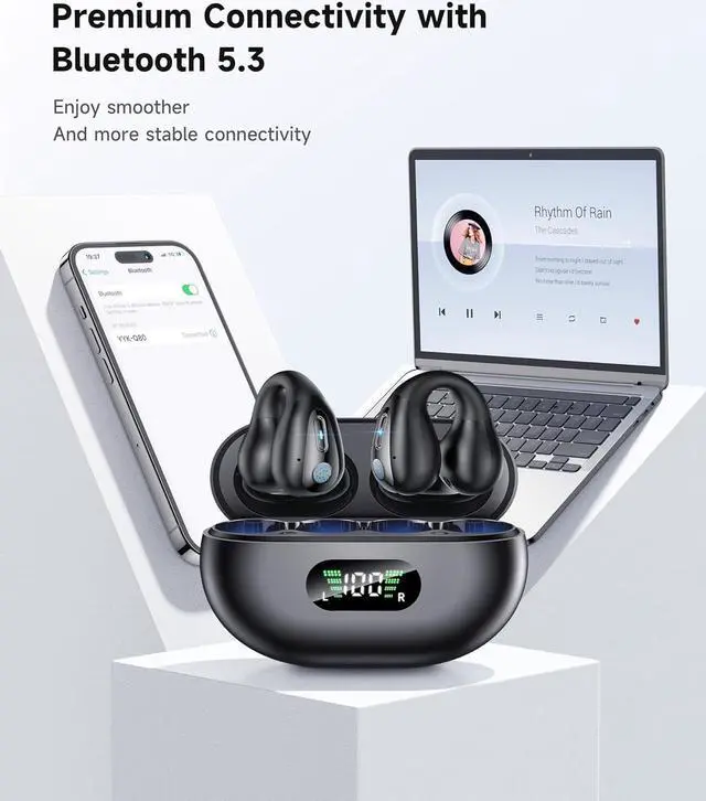 Alt view image 3 of 7 - Open Ear Headphones, Clip On Wireless Earbuds Bluetooth 5.3 Earphones, Sports Ear Buds with ENC Mic, 36 Hours HIFI Earpods with LED Display Charging Case, IPX7 Waterproof Running Earphones eokCXOY