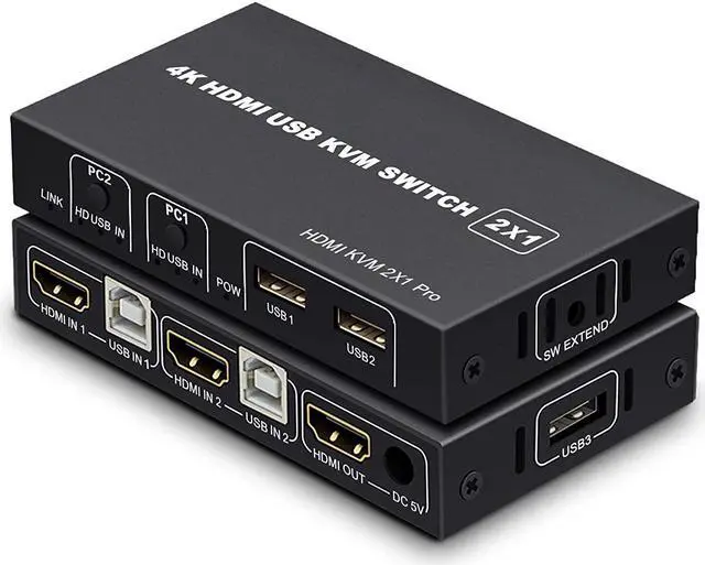 Main image of KVM HDMI USB Switch 2x1, USB Switch 4K HDMI Switcher Box for 2 Computers Share Keyboard Mouse Monitor Support 4K@30Hz for Laptop,PC,Xbox HDTV, with 2x USB Cable,1x Switch Button Cable
