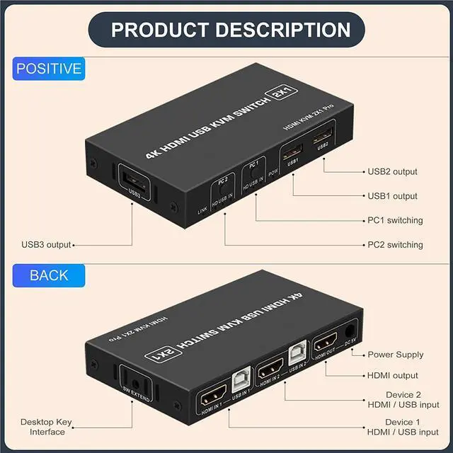 Alt view image 3 of 7 - KVM HDMI USB Switch 2x1, USB Switch 4K HDMI Switcher Box for 2 Computers Share Keyboard Mouse Monitor Support 4K@30Hz for Laptop,PC,Xbox HDTV, with 2x USB Cable,1x Switch Button Cable