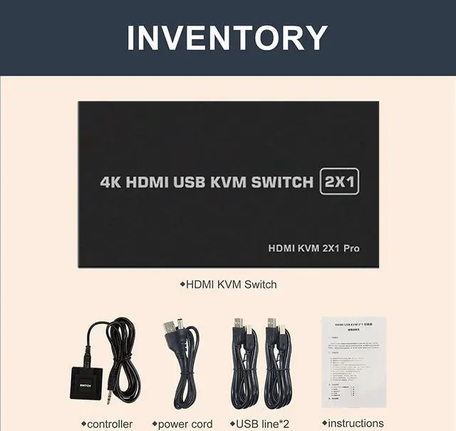 Alt view image 7 of 7 - KVM HDMI USB Switch 2x1, USB Switch 4K HDMI Switcher Box for 2 Computers Share Keyboard Mouse Monitor Support 4K@30Hz for Laptop,PC,Xbox HDTV, with 2x USB Cable,1x Switch Button Cable