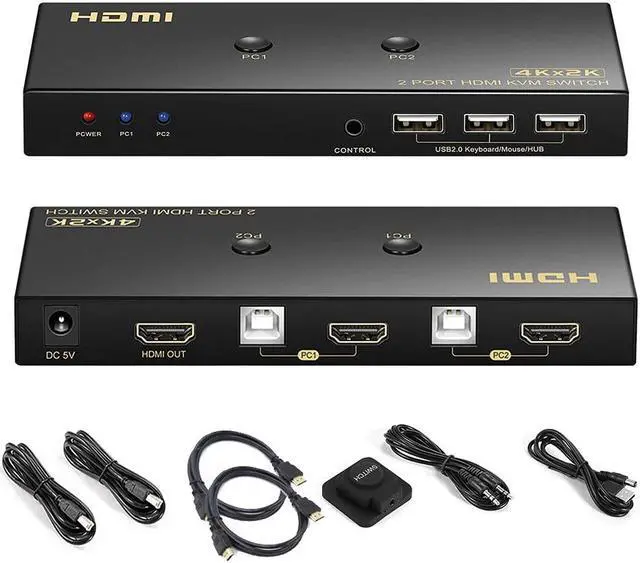 Main image of KVM Switch HDMI 2 Port 4K @60Hz, 2x1 HDMI KVM Switch for 2 Computers Sharing 1 Monitor and 3 USB Devices, with Extension Control Switch and 2 USB Cable & 2 HDMI Cable