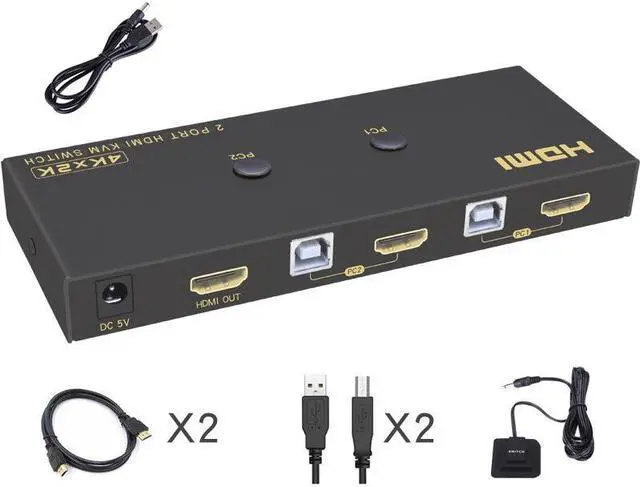 Alt view image 7 of 7 - KVM Switch HDMI 2 Port 4K @60Hz, 2x1 HDMI KVM Switch for 2 Computers Sharing 1 Monitor and 3 USB Devices, with Extension Control Switch and 2 USB Cable & 2 HDMI Cable