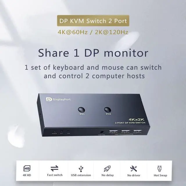 Alt view image 2 of 7 - DisplayPort KVM Switch 2 Port, KVM Switch DisplayPort for 2 Computers Sharing 1 Monitor and 3 USB Devices, Support 4K @60Hz, 2K(2560X1440) @120Hz, with Extended Control Switch and 2 USB Cables