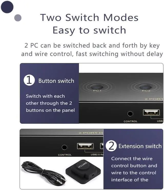 Alt view image 5 of 7 - DisplayPort KVM Switch 2 Port, KVM Switch DisplayPort for 2 Computers Sharing 1 Monitor and 3 USB Devices, Support 4K @60Hz, 2K(2560X1440) @120Hz, with Extended Control Switch and 2 USB Cables