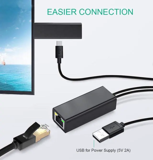 Alt view image 2 of 7 - Ethernet Adapter for Fire TV Stick Chromecast Ultra/2/1/Audio Google Home Mini Mirco USB to RJ45 Ethernet Adapter with USB Power Supply Cable 3.3ft (Black)