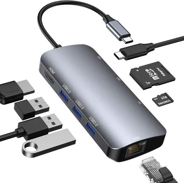 Main image of USB C Hub, 8 in 1 USB C to HDMI Multiport Adapter with RJ45 1000M Ethernet, 100W Power Delivery, SD/TF Card Reader, 3 USB 3.0 Ports Docking Station Compatible for Mac-Book Pro/Air/iPad Pro/XPS