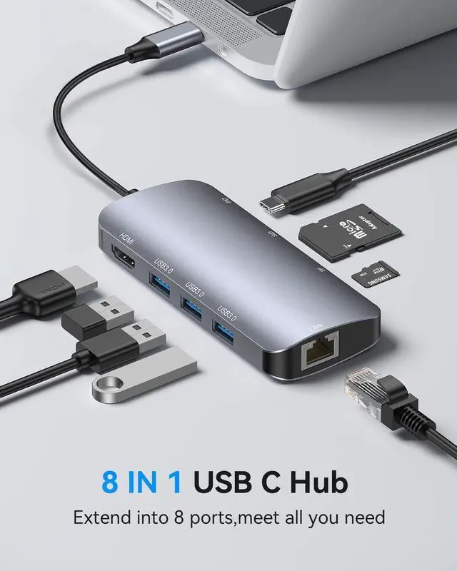 Alt view image 2 of 7 - USB C Hub, 8 in 1 USB C to HDMI Multiport Adapter with RJ45 1000M Ethernet, 100W Power Delivery, SD/TF Card Reader, 3 USB 3.0 Ports Docking Station Compatible for Mac-Book Pro/Air/iPad Pro/XPS