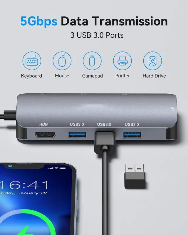 Alt view image 3 of 7 - USB C Hub, 8 in 1 USB C to HDMI Multiport Adapter with RJ45 1000M Ethernet, 100W Power Delivery, SD/TF Card Reader, 3 USB 3.0 Ports Docking Station Compatible for Mac-Book Pro/Air/iPad Pro/XPS