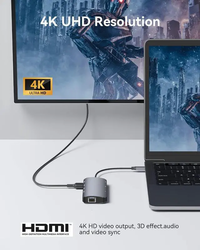 Alt view image 4 of 7 - USB C Hub, 8 in 1 USB C to HDMI Multiport Adapter with RJ45 1000M Ethernet, 100W Power Delivery, SD/TF Card Reader, 3 USB 3.0 Ports Docking Station Compatible for Mac-Book Pro/Air/iPad Pro/XPS