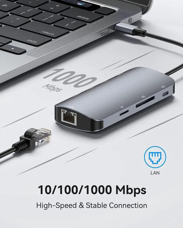 Alt view image 5 of 7 - USB C Hub, 8 in 1 USB C to HDMI Multiport Adapter with RJ45 1000M Ethernet, 100W Power Delivery, SD/TF Card Reader, 3 USB 3.0 Ports Docking Station Compatible for Mac-Book Pro/Air/iPad Pro/XPS