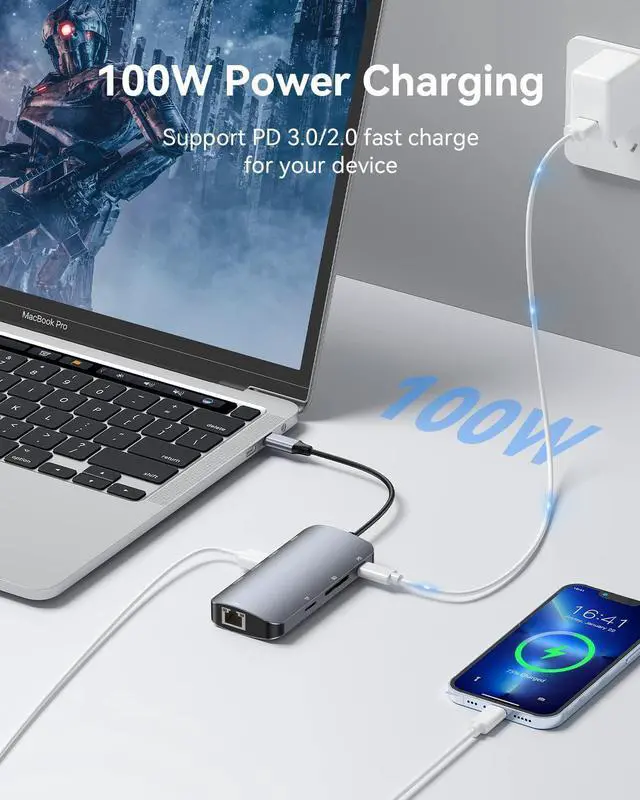 Alt view image 6 of 7 - USB C Hub, 8 in 1 USB C to HDMI Multiport Adapter with RJ45 1000M Ethernet, 100W Power Delivery, SD/TF Card Reader, 3 USB 3.0 Ports Docking Station Compatible for Mac-Book Pro/Air/iPad Pro/XPS