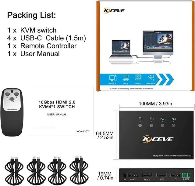 Alt view image 7 of 7 - 4 Port HDMI KVM Switch with Serial Port Control, 4K @60Hz 4 in 1 Out HDMI KVM Switcher Box for Share Mouse Keyboard and Monitor, Can Work with Pi-kvm, Compatible with Windows/Linux/Mac System