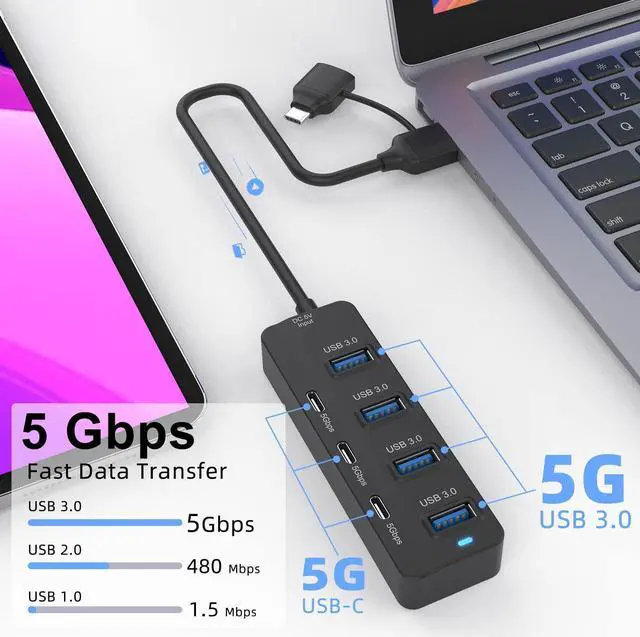 Alt view image 2 of 6 - USB C Hub,7 Port USB 3.0 Hub, USB C to USB C Adapter, USB Splitter with 1.6 ft Cable, USB Hub with 4*USB3.0 Ports, 3 *USB C Ports for Laptop MacBook Surface Pro and More USB/USB C Devices