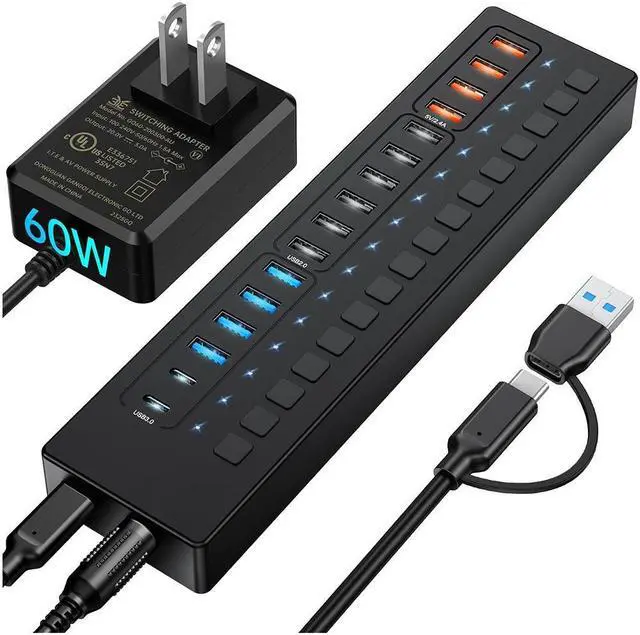 Main image of Powered USB Hub, 16 Port 60W USB Hub 3.0 with 4*USB A Smart Charging, 2*USB C 3.0, 10*USB A, Wall Mountable USB Hub, Individual On/Off Switches, 12V/5A DC Power Adapter for Laptops, PC