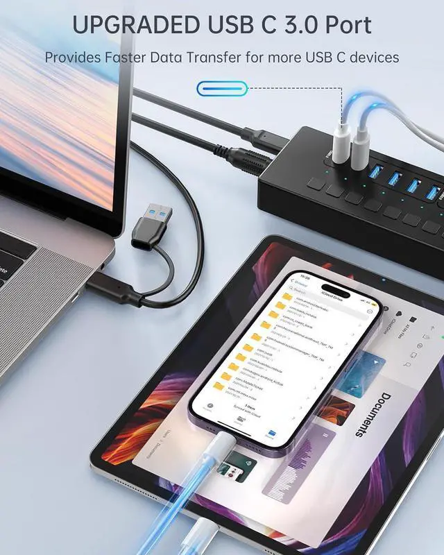 Alt view image 3 of 7 - Powered USB Hub, 16 Port 60W USB Hub 3.0 with 4*USB A Smart Charging, 2*USB C 3.0, 10*USB A, Wall Mountable USB Hub, Individual On/Off Switches, 12V/5A DC Power Adapter for Laptops, PC