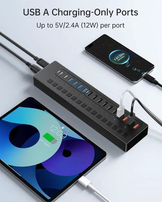 Alt view image 4 of 7 - Powered USB Hub, 16 Port 60W USB Hub 3.0 with 4*USB A Smart Charging, 2*USB C 3.0, 10*USB A, Wall Mountable USB Hub, Individual On/Off Switches, 12V/5A DC Power Adapter for Laptops, PC