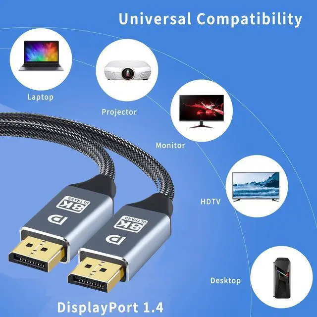 Alt view image 7 of 7 - 8K DisplayPort to Displayport Cable (1M/3.3FT) DP 1.4, Ultra HD Video Resolution Copper Cord 8K @60Hz 4K@144Hz High Speed 32.4Gbps HDCP 3D Slim Flexible DP to DP Cable for TV Gaming PC Monitor Laptop