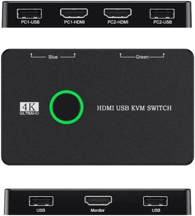 Alt view image 7 of 7 - 2 Port HDMI KVM Switch, USB HDMI-Compatible KVM Switches for 2 Computers Sharing Mouse Keyboard Printer to One HD Monitor, Supports 4K @60 Hz, 2 HD-MI Cables and 2 USB Cables Included
