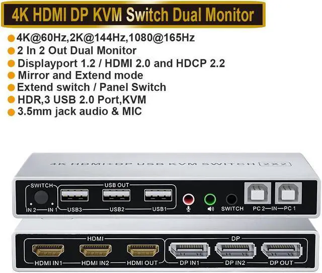 Main image of Dual Monitor HDMI Displayport KVM Switch, 2 Port Extended Display 2 in 2 Out KVM Switch, UHD 4K@60Hz RGB 4:4:4, USB Hub, Audio, Button Switching, DP HDMI KVM Switcher for 2 Computers 2 Monitors