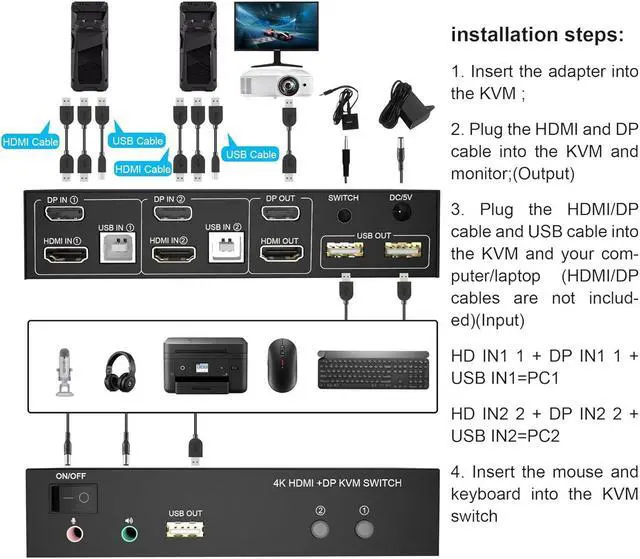 Alt view image 2 of 7 - DualMonitorHDMI+DPKVMSwitch2x2,DisplayPortandHDMI4K@60HzExtendedDisplayKVMSwitch2Monitors2ComputerswithAudioMicrophoneOutputand3USBPorts,PCMonitorKeyboardMouseSwitcher 8iop