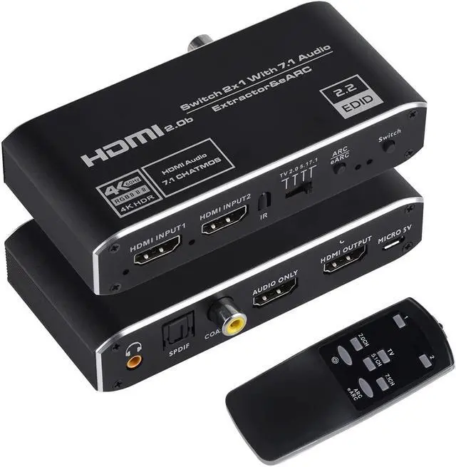 Main image of 4K@60Hz eARC HDMI Audio Extractor, 2x1 HDMI Switch to HDMI + Optical Toslink SPDIF + 3.5mm Audio Jack + Coaxial + 7.1Ch HDMI Audio Support ARC and eARC Function HDMI2.0b