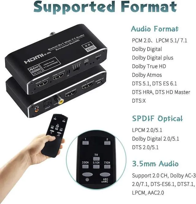 Alt view image 6 of 7 - 4K@60Hz eARC HDMI Audio Extractor, 2x1 HDMI Switch to HDMI + Optical Toslink SPDIF + 3.5mm Audio Jack + Coaxial + 7.1Ch HDMI Audio Support ARC and eARC Function HDMI2.0b