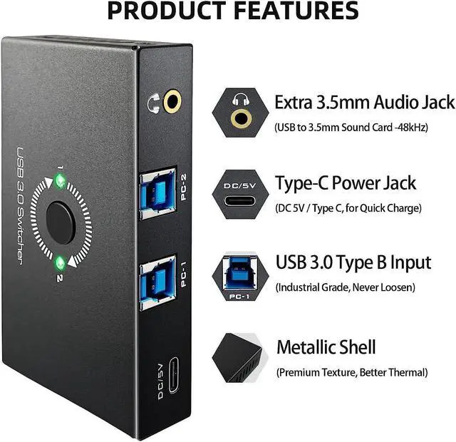 Alt view image 2 of 7 - USB 3.0 Switcher, USB Switch Selector for 2 Computers Share 4 USB 3.0 Devices and 3.5mm Headphones Speakers KVM Switcher Hub Adapter for PC, Printer, Keyboard, Scanner, Mouse, U-Disk,Speaker