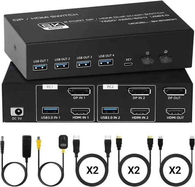 Alt view image 3 of 7 - 4K 120Hz HDMI + Displayport KVM Switch 2 PC 2 Monitor, 8K@60Hz DP 1.4 + HDMI 2.1 Dual Monitor USB 3.0 KVM Switch, Support Extended & Copy Mode, with Desktop Controller and 2 HDMI+DP+USB Cables