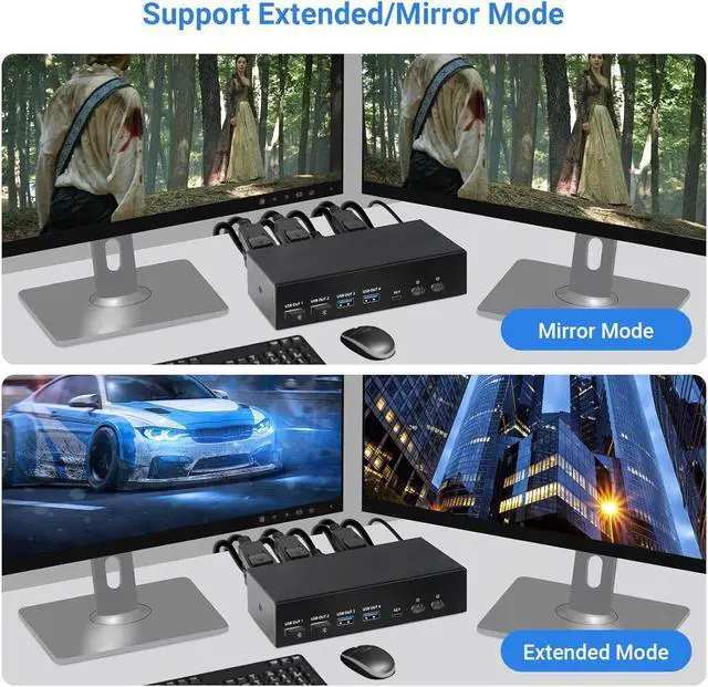 Alt view image 5 of 7 - 4K 120Hz HDMI + Displayport KVM Switch 2 PC 2 Monitor, 8K@60Hz DP 1.4 + HDMI 2.1 Dual Monitor USB 3.0 KVM Switch, Support Extended & Copy Mode, with Desktop Controller and 2 HDMI+DP+USB Cables