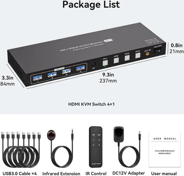Alt view image 7 of 7 - HDMI KVM Switch for 4 Computers 1 Monitor 4K@60Hz 2K@120Hz, 4 Port HDMI KVM Switches For 4 PCs Share 4 USB Devices Like Keyboard Mouse Printer etc. With Remote Controller & USB Cables, Power Adapter