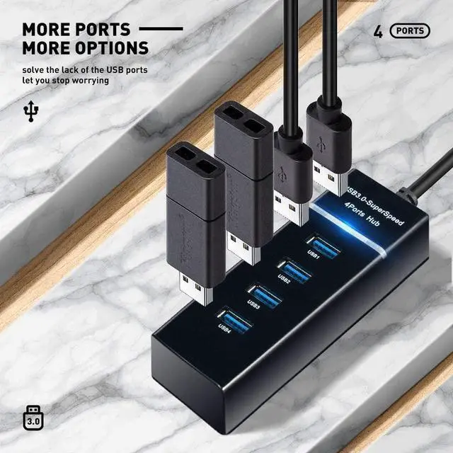 Alt view image 3 of 7 - 4 Port USB Hub Adapter - High Speed USB 3.0 Hub Multiport Adapter with LED Indicator for Keyboard &Mouse / Printer / USB Fan &Lamp / Portable Storage Device, Flash Drives, Portable USB Hub