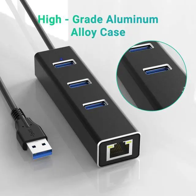 Alt view image 4 of 7 - USB to Ethernet Adapter, USB A to 3 Ports USB 3.0 Hub with 10/100/1000 Mbps LAN RJ45 Gigabit Network Adapter, Supports Windows 10/8/7, Mac OS, Linux