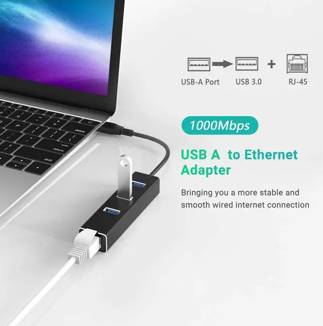 Alt view image 5 of 7 - USB to Ethernet Adapter, USB A to 3 Ports USB 3.0 Hub with 10/100/1000 Mbps LAN RJ45 Gigabit Network Adapter, Supports Windows 10/8/7, Mac OS, Linux