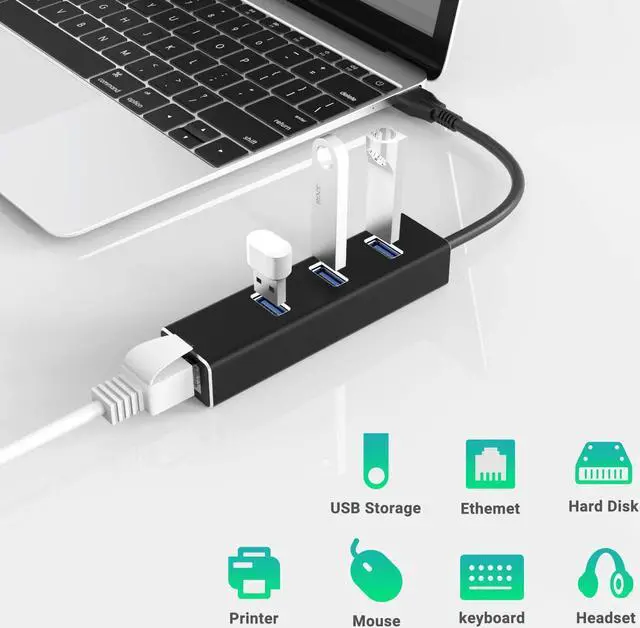 Alt view image 3 of 7 - USB to Ethernet Adapter, USB A to 3 Ports USB 3.0 Hub with 10/100/1000 Mbps LAN RJ45 Gigabit Network Adapter, Supports Windows 10/8/7, Mac OS, Linux