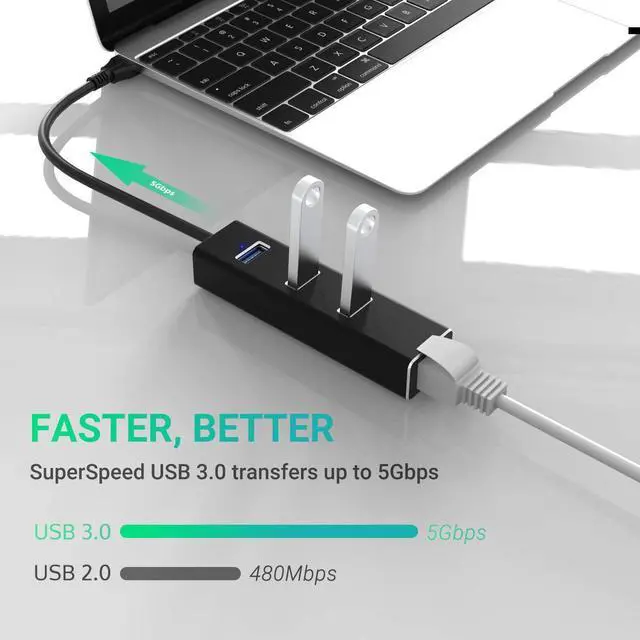Alt view image 6 of 7 - USB to Ethernet Adapter, USB A to 3 Ports USB 3.0 Hub with 10/100/1000 Mbps LAN RJ45 Gigabit Network Adapter, Supports Windows 10/8/7, Mac OS, Linux