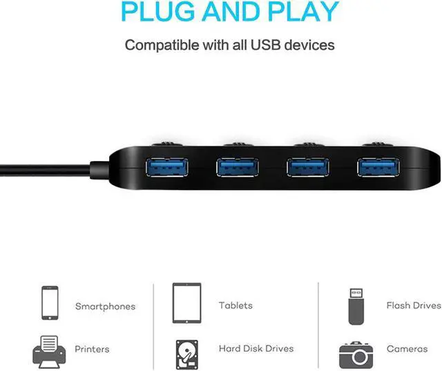 Alt view image 2 of 7 - 4 Port Powered USB 3.0 Hub Splitter, Ultra Slim USB Data Hub with Individual Power Switches and LEDs, for MacBook Air, Laptop, iMac,PC, USB Flash Drives, Hard Drive (Black)
